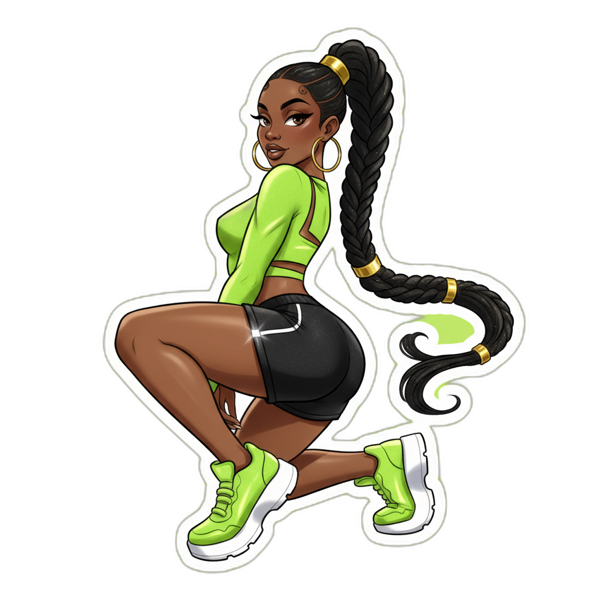 Cartoon dancer with long braid and neon green outfit