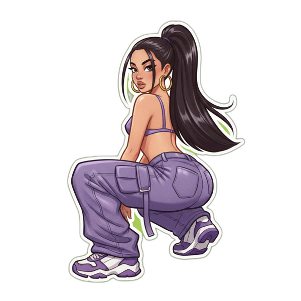Cartoon dancer in purple cargo pants